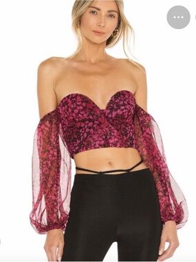NBD Cara Too Off-Shoulder Pink Floral Crop Top with Sheer Balloon Sleeves